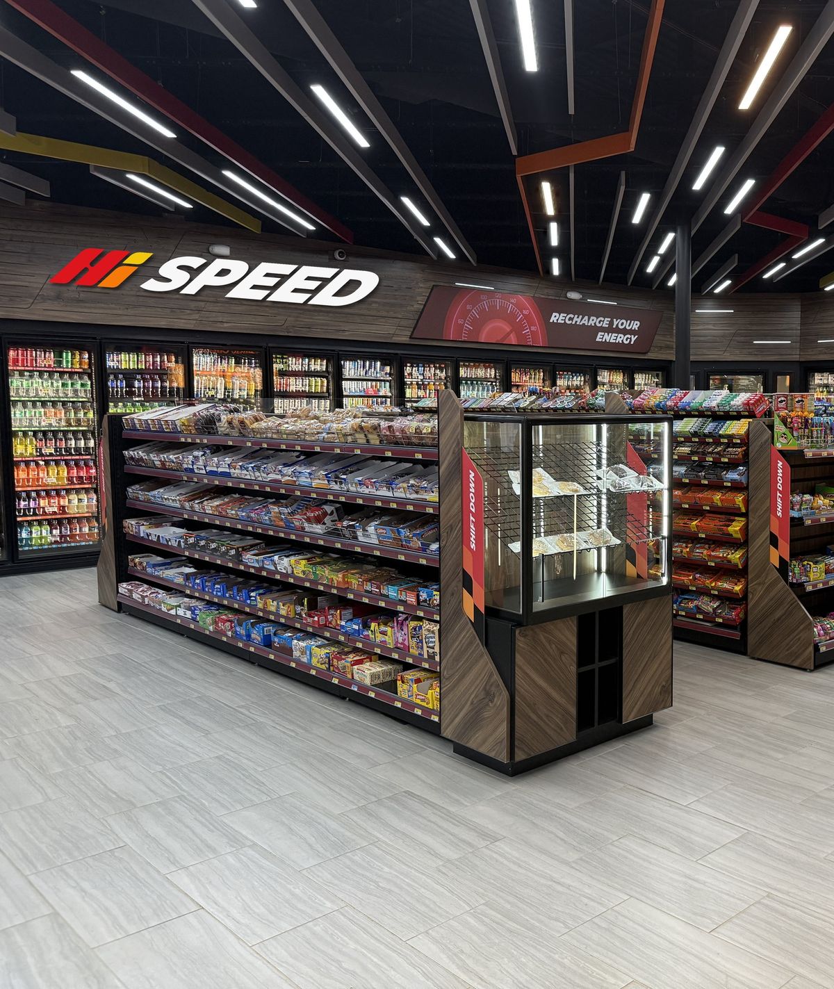 Inside the store: the Hi Speed sign on the wood bulkhead over the cold vault